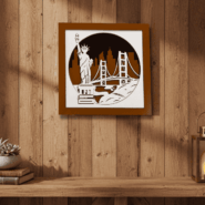 Close-up of laser-cut layered wooden Statue of Liberty wall art showing premium craftsmanship