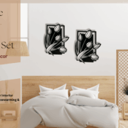 : Black tulip wooden wall décor displayed above bed in a modern bedroom