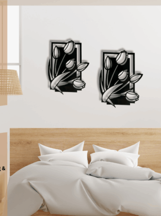 : Black tulip wooden wall décor displayed above bed in a modern bedroom