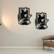 tulip wooden wall décor displayed above bed in a modern bedroom