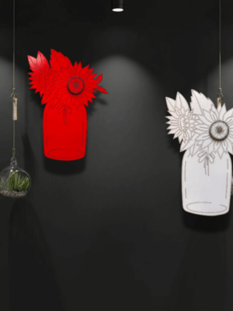 Wooden dual floral wall hanging set in red and white displayed on a modern dark interior wall