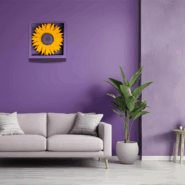 Yellow sunflower wall decor on a purple wall in living room setup