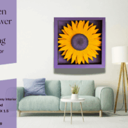 Wooden sunflower wall hanging decor displayed in modern living room above sofa