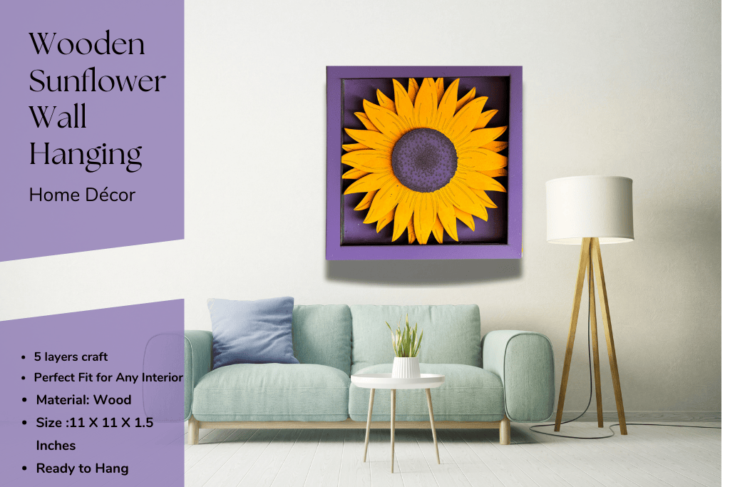 Wooden Sunflower Wall Art for Modern Living Room Décor Wooden sunflower wall hanging decor displayed in modern living room above sofa