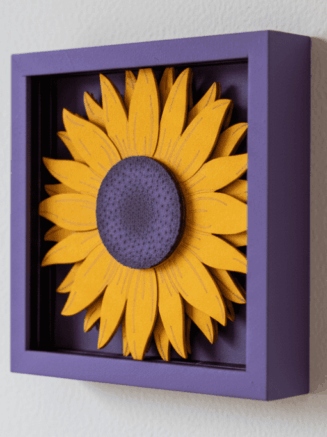 Wooden sunflower wall hanging with yellow petals and purple frame handcrafted home decor