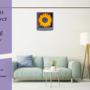 Wooden sunflower wall decor in purple frame showcased in modern living room