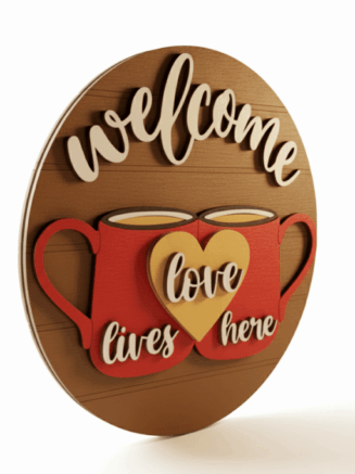 Welcome Love Lives Here wooden wall decor with red coffee mugs and heart design