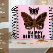 Butterfly wooden birthday card gift displayed with balloons and birthday decor