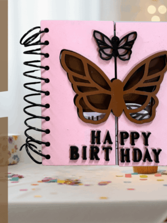 Butterfly Birthday Wooden Gift Box Butterfly wooden birthday card gift displayed with balloons and birthday decor