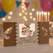 Open handcrafted butterfly birthday card showing inside message “May all your dreams come true”