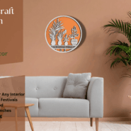 Circular wooden wall hanging with botanical design mounted on a light-colored wall Caption: