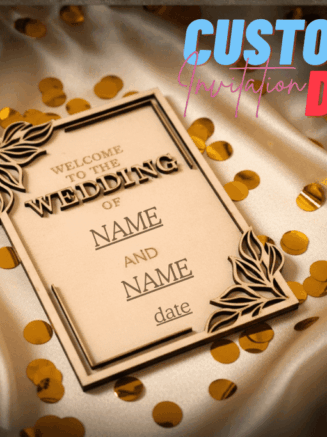 Customized wooden wedding invitation card with engraved names and date