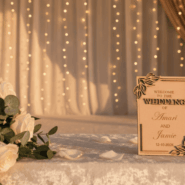 Custom wooden wedding welcome sign with dimensions marked as 16x24 inches