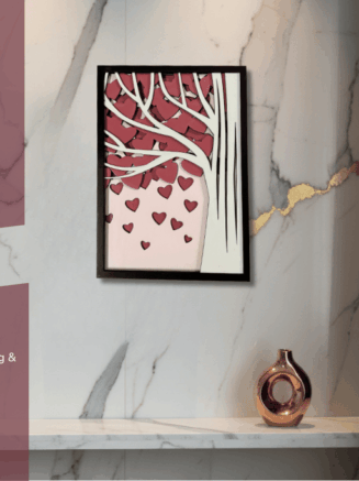 Handcrafted wooden Love Tree wall hanging with heart design displayed on marble wall interior.
