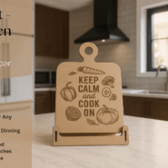Engraved wooden recipe stand in a modern kitchen with dark wood cabinets, black range hood, and white tile backsplash.
