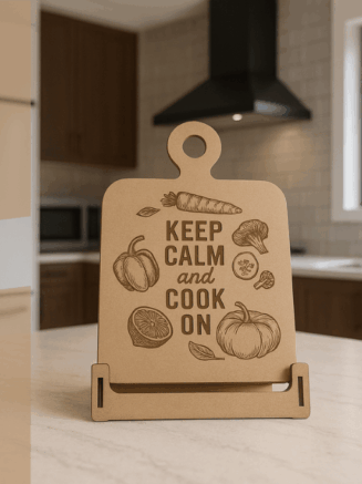 Engraved wooden recipe stand in a modern kitchen with dark wood cabinets, black range hood, and white tile backsplash.