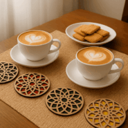 Set of handcrafted wooden tea coasters with intricate geometric cutouts and colorful backings, placed on a table with coffee cups and biscuits