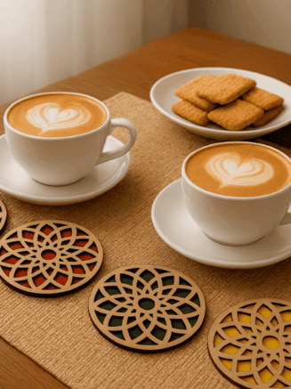 Set of handcrafted wooden tea coasters with intricate geometric cutouts and colorful backings, placed on a table with coffee cups and biscuits