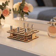 Close-up of the interlocking pieces of the empty 2-tier wooden cosmetic storage rack showing the natural wood material.