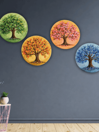 Hand-painted wooden seasonal trees wall decor set of four displayed on a modern living room wall