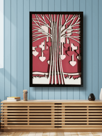 Love Tree wooden wall hanging displayed as modern home décor in living room
