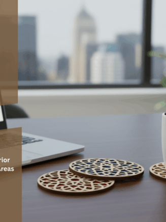 Wooden tea cup coaster on office desk with laptop – handmade home décor coaster by CraftsCy