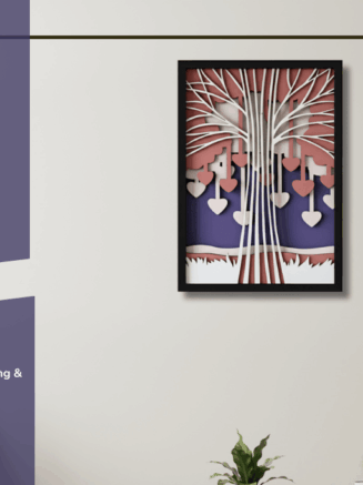 Wooden love tree wall art hanging in modern living room interior decor