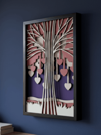 3D Layered Tree of Hearts Wall Art – Handmade Wooden Frame in Purple  Romantic Gift for Home Decor