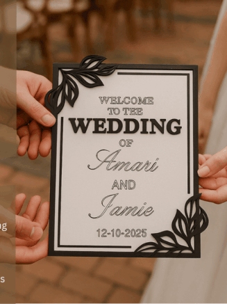 Personalized wooden wedding card held by bride and groom