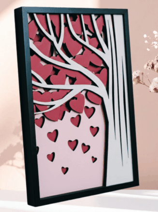 Heart tree wooden wall hanger handcrafted with layered wood and red heart leaves