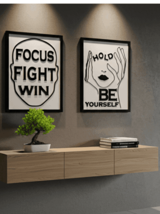 Framed motivational wooden wall art set displayed above a floating wooden shelf