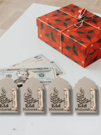 Wooden Eid Mubarak Eidi money holder with Arabic engraving