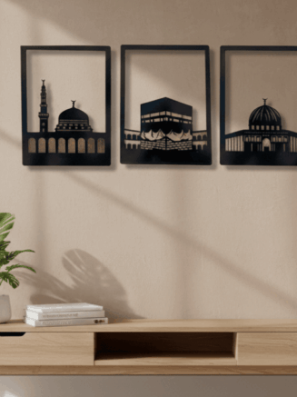 Modern living room wall decor featuring 3D Islamic architecture wooden wall art set in black and gold above a console table