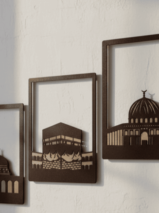 Handmade 3D Islamic architecture wall art set featuring Masjid, Kaaba, and dome silhouettes in black and gold finish